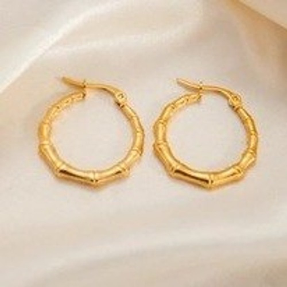 Gold Bamboo Hoop Earrings‎ Stainless Steel Posts Textured Segmented Round Hoops